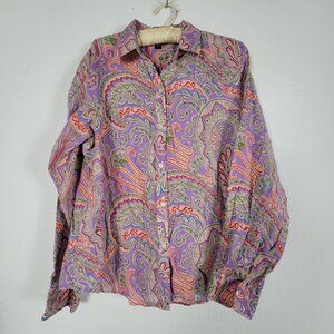 Lauren Ralph Lauren Women Paisley Linen Button-Up Blouse Shirt Large Multicolor
